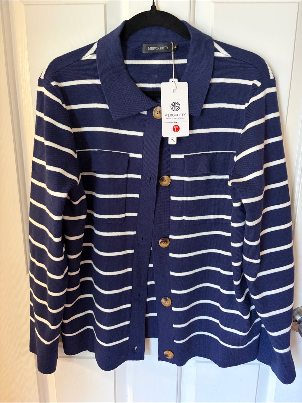 MEROKEETY Navy & White Striped Button-Front Cardigan NWT